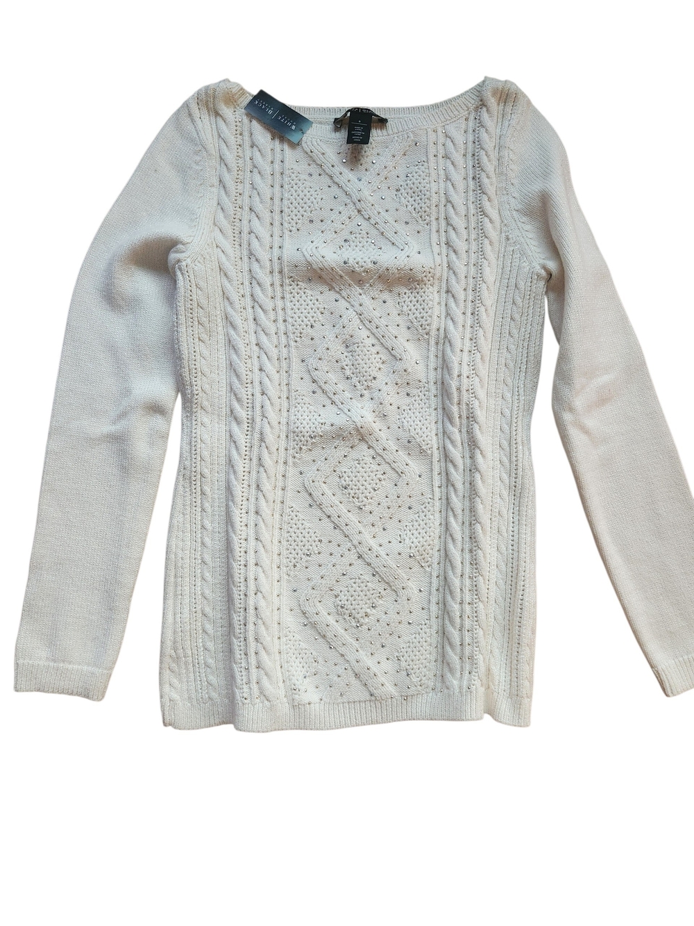 White House Black Market Cream Cable Knit Crewneck Sweater